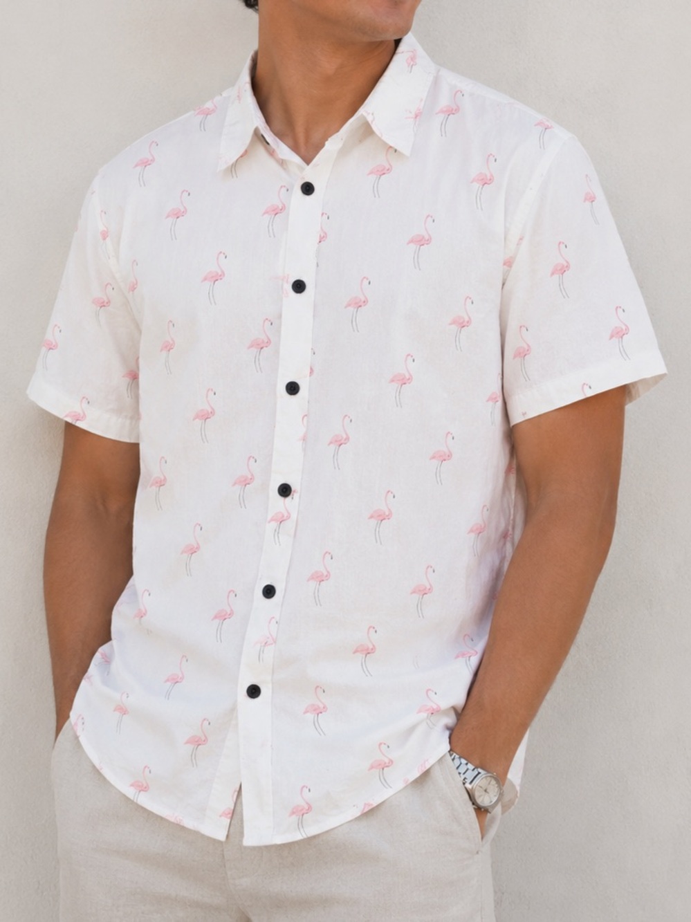 Flamingo Print Button-Up Shirt Men’s Large Tropical Vacation Resort Shirt